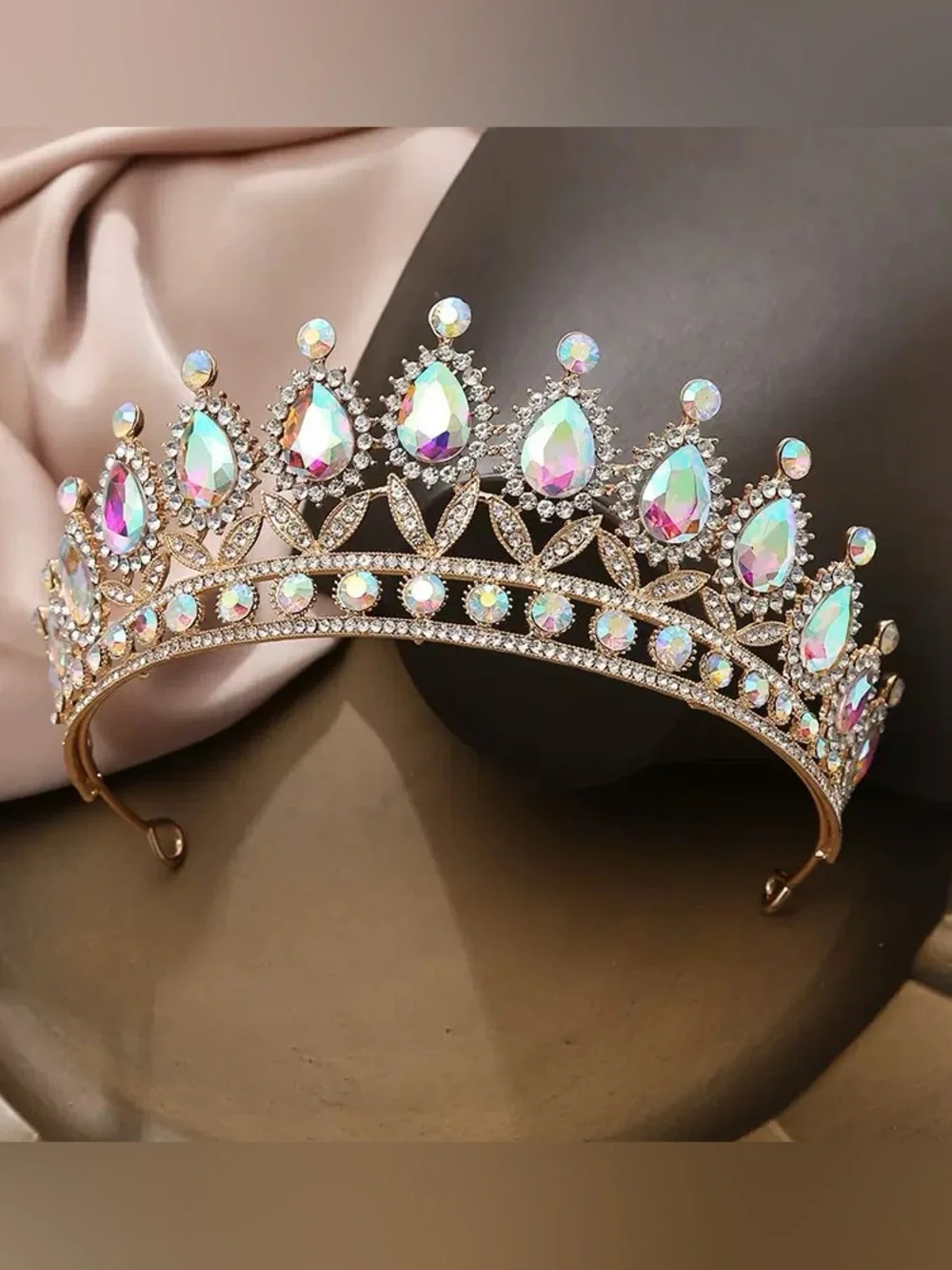 Vintage Gold Tiara with Iridescent Aurora Teardrop Crystals